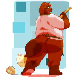anthro apron broom brown_body brown_fur butt cleaning cleaning_tool clothing fur humanoid_hands male overweight overweight_anthro overweight_male shirt solo topwear realiron canid canine mammal raccoon_dog tanuki 1:1 2015 hi_res