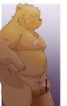 anthro balls belly big_belly blush bodily_fluids brown_body brown_fur fur genital_fluids genitals humanoid_hands kemono male masturbation moobs navel nipples overweight overweight_male penis precum solo young siretoko_panda bear mammal 2023 absurd_res censored hi_res