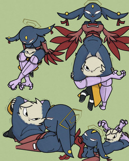 annoyed anthro avian_feet black_bodysuit black_clothing black_footwear black_nose black_shoes black_skinsuit bodysuit bottomless breasts cheek_tuft cleavage clothed clothing duo ear_piercing eyeshadow facial_tuft female floppy_ears footwear forehead_gem front_view fur gem green_background halo head_between_thighs larger_female lop_ears lying makeup male mouthless navel on_back on_front one_eye_closed open_clothing open_mouth open_smile open_topwear piercing prosthetic prosthetic_leg prosthetic_limb pupils red_clothing red_eyeshadow red_topwear simple_background size_difference skinsuit slit_pupils smaller_male smile smug tan_body tan_fur thick_thighs tight_clothing topwear tuft wide_hips winged_arms wings yellow_clothing yellow_topwear canacrow nine_sols red_candle_games goumang_(nine_sols) yi_(nine_sols) felid feline mammal solarian absurd_res hi_res