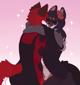 4_fingers anthro bangs beak bent_arm black_beak black_clothing black_dress black_hair black_jacket black_markings black_tail black_topwear blush blush_lines brown_eyebrows brown_flower brown_inner_ear brown_pupils brown_sclera cheek_tuft claws clothed clothed_anthro clothed_female clothing dress duo ear_piercing ear_ring eyebrows eyelashes eyes_closed facial_tuft feathers female female/female female_anthro finger_claws fingers flower fluffy fluffy_tail fur gradient_background grey_body grey_claws grey_feathers grey_talons hair hug hugging_another interspecies jacket light long_hair love markings multicolored_body multicolored_feathers multicolored_fur open_beak open_mouth open_smile piercing pink_background plant pupils red_body red_fur red_hair red_line_art red_tail ring_piercing short_hair simple_background smile sparkles tail talon_hands text topwear translucent translucent_clothing translucent_topwear tuft white_body white_feathers suzeart mythology avian bird canid canine canis dragon hybrid mammal mythological_creature mythological_scalie scalie wolf 2026 artist_name colored colored_line_art digital_drawing_(artwork) digital_media_(artwork) english_description hi_res lighting shaded