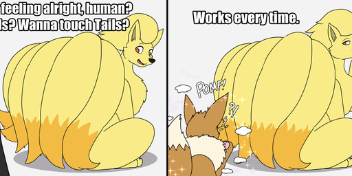 6_tails ambiguous_gender brown_body brown_fur dipstick_tail duo feral fur human_to_feral interrobang looking_at_another looking_back looking_back_at_another markings multi_tail narrowed_eyes open_mouth open_smile orange_body orange_fur pawpads pink_pawpads pokemon_transformation poof_transformation quadruped red_eyes simple_background smile sound_effects species_transformation tail tail_markings talking_to_another tan_body tan_fur text transformation white_background yellow_body yellow_fur tastytales boobs?_wanna_touch_boobs? nintendo pokemon eevee generation_1_pokemon human mammal ninetales pokemon_(species) comic english_text hi_res meme
