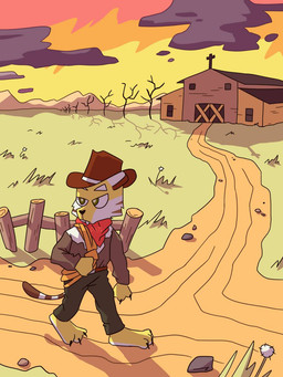 anthro barefoot barn bottomwear claws clothed clothing cloud cowboy_hat cross fangs feet fence fully_clothed fur green_eyes hat headgear headwear kerchief male outside pants plains plant rope solo standing sunset teeth toes tree walking yellow_body yellow_fur patshi charlie_buckley felid mammal pantherine tiger 3:4 hi_res