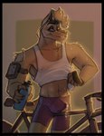 anthro athletic biker bodily_fluids bottle bottomwear clothing container fur leaking_through_clothing male shirt shorts solo sweat tank_top topwear water_bottle yellow_body yellow_fur doekawaii the_wolves_at_bay marcel_(twab) canid canine canis domestic_dog mammal hi_res