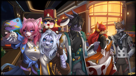 alternate_species anthro belt black_body black_bottomwear black_clothing black_fur black_hair black_jacket black_pants black_topwear blue_body blue_bottomwear blue_clothing blue_eyes blue_fur blue_skirt blush bottomwear brown_eyes brown_hair clothing countershade_face countershading dress electronics eyewear female fur furrification glasses gloves grey_hair group hair handwear hat headgear headwear horn inner_ear_fluff jacket male orange_body orange_fur pants phone pink_body pink_ears pink_fur pink_hair purple_belt red_clothing red_hair red_hat red_headwear selfie shirt skirt sparkles topwear tuft white_body white_clothing white_dress white_fur white_jacket white_shirt white_topwear yellow_eyes caddea honkai:_star_rail mihoyo mythology dan_heng_(honkai:_star_rail) himeko_(honkai:_star_rail) march_7th_(honkai:_star_rail) pom-pom_(honkai:_star_rail) stelle_(honkai:_star_rail) welt_(honkai:_star_rail) canid canine canis domestic_cat dragon felid feline felis fox lagomorph leporid mammal mythological_creature mythological_scalie pantherine rabbit scalie snow_leopard wolf 2026 hi_res