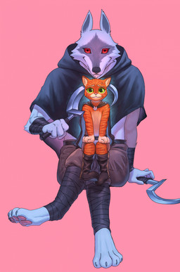 anthro arm_wrapping arm_wraps armband barefoot belt big_eyes black_nose bodily_fluids boots bottomwear cape clasp claws cloak clothed clothing crossed_legs dual_holding dual_wielding duo facial_markings feet fingers foot_wraps footband footwear front_view fur green_eyes green_sclera grey_body grey_fur half_clothed happy head_markings holding_object holding_sickle holding_weapon interspecies leg_wraps legband legwrap looking_at_viewer male male/male markings mask_(marking) mostly_clothed nervous nervous_smile nervous_sweat no_shoes on_lap orange_body orange_fur orange_stripes pants pawpads pink_background pink_nose pink_pawpads pointy_ears poncho prick_ears pupils red_eyes red_sclera shirtless shirtless_anthro shirtless_male shoes sickle simple_background sitting sitting_on_another sitting_on_lap size_difference smile stripes sweat sweatdrop tail teeth threatening_with_weapon toes topwear weapon white_body white_fur white_pupils wrapped_arms wrapped_legs wraps nyeong dreamworks puss_in_boots_(franchise) death_(puss_in_boots) puss_in_boots_(dreamworks) canid canine canis domestic_cat felid feline felis mammal tabby_cat wolf digital_media_(artwork) hi_res