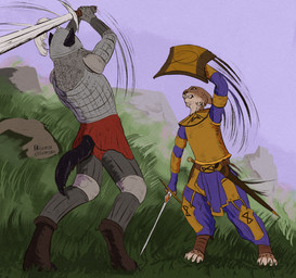 anthro armor battle black_text clenched_teeth day duo fingers fur grass hill holding_melee_weapon holding_object holding_shield holding_sword holding_weapon male medieval melee_weapon mountain outside plains plant shield sound_effects sword tail teeth text weapon leprzil felid feline lynx mammal 2026 artist_name english_text flat_colors hi_res