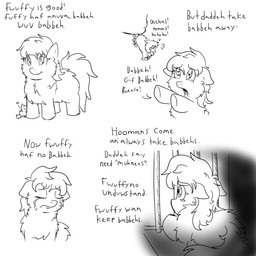 abuse ambiguous_feral ambiguous_gender ambiguous_human animal_abuse baby_talk bars bodily_fluids crying dialogue disembodied_hand duo eyelashes feral fur hair hug mostly_offscreen_character neonate open_mouth sad solo_focus standing struggling tail tail_grab tears text trapped young young_ambiguous young_feral anonymous_artist fluffy_pony fluffy_pony_(species) human mammal 1:1 digital_media_(artwork) english_text handwritten_text hi_res monochrome