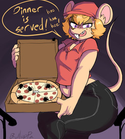 aged_up anthro big_butt blonde_hair bottomwear box buckteeth butt clothed clothing container crop_top dialogue femboy food freckles hair hairless_tail hat headgear headwear male open_mouth pants pink_eyes pizza pizza_box pupils rat_tail shirt shortstack shortstack_male slit_pupils solo speech_bubble tail teeth text thick_thighs topwear wide_hips bulluppa gregory_horror_show james_(ghs) arachnid arthropod mammal murid murine rat rodent spider english_text hi_res