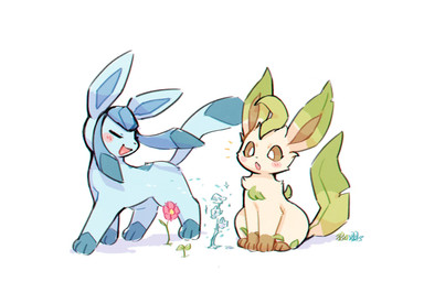 ambiguous_gender blue_body blue_fur blush blush_lines brown_eyes duo emanata eyelashes eyes_closed feral flower fur ice leg_markings markings open_mouth paws plant pupils simple_background sitting socks_(marking) tan_body tan_fur white_pupils wolfwithwing nintendo pokemon eeveelution generation_4_pokemon glaceon leafeon pokemon_(species) 2026 3:2 hi_res signature
