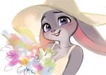 anthro blush breasts cleavage clothed clothing female flower fur grey_body grey_fur hat headgear headwear holding_flower holding_object long_ears looking_at_viewer open_mouth plant purple_eyes shirt simple_background smile solo teeth topwear white_background popodunk disney zootopia judy_hopps lagomorph leporid mammal rabbit 2021 colored digital_drawing_(artwork) digital_media_(artwork)