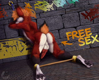 anthro balls bdsm bondage bound butt claws discipline dungeon erection genitals graffiti kidnapping male pawpads paws penis prison prisoner punishment restraints rope rope_bondage slave solo spreader_bar submissive submissive_male eldingo canid canine fox hybrid lagomorph leporid mammal rabbit absurd_res hi_res