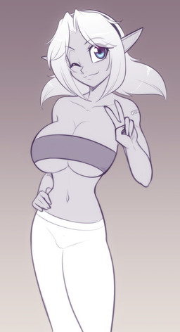 big_breasts blue_eyes bottomwear breasts clothing collarbone eyebrows eyelashes female gesture hair hand_gesture hand_on_hip humanoid_pointy_ears midriff not_furry one_eye_closed pants pointy_ears smile solo topwear tube_top v_sign wink scorpdk elf humanoid 2026 hi_res spot_color