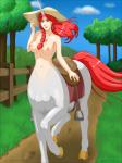 2017 3:4 5_fingers blue_sky braided_hair breasts brown_eyes centaur clothing cloud day detailed_background digital_media_(artwork) ear_piercing equid equid_taur equine european_mythology female fence fingers front_view full-length_portrait fur grass greek_mythology hair hat headgear headwear hi_res horn humanoid_taur light_body light_skin long_hair long_tail looking_at_viewer mammal mammal_taur multicolored_horn mythological_creature mythological_equine mythology navel nipples open_mouth outside phantom_inker piercing pink_nipples plant portrait quadruped rainbow_horn red_hair red_tail saddle sky solo tail taur text tree unicorn url white_body white_fur