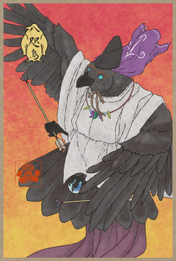 anthro arrow_(weapon) asian_clothing beads beak biped black_body black_feathers cjk_character clothed clothed_anthro clothing east_asian_clothing eboshi feathered_wings feathers feet gradient_background headgear headwear holding_arrow holding_object japanese_clothing jewelry kariginu magatama male necklace ranged_weapon simple_background solo tail tail_feathers talons text toes weapon wings abarewanko asian_mythology east_asian_mythology japanese_mythology mythology avian bird corvid corvus_(genus) crow mythological_avian mythological_bird mythological_creature oscine passerine three-legged_crow yokai 2020 hi_res translation_request