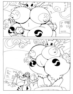 anthro belly big_belly big_breasts big_butt big_nipples breast_expansion breasts butt butt_expansion clothing coat duo erect_nipples expansion eyewear female fur gloves goggles growth hair handwear huge_breasts huge_thighs hyper hyper_breasts inflation lab_coat laboratory male membrane_(anatomy) membranous_wings nipples science simple_background size_difference thick_thighs topwear torn_clothing torn_topwear wide_hips wings rabid bandai_namco digimon demont canid canine digimon_(species) felid mammal renamon comic monochrome