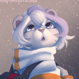 anthro backpack clothed clothing facial_markings female grey_stripes hair head_markings looking_up markings open_mouth orange_clothing orange_topwear pink_nose purple_eyes purple_hair short_hair simple_background snow snowing solo striped_face stripes tongue topwear white_body white_clothing white_topwear monstercheetah yunna_(monstercheetah) felid mammal pantherine tiger 1:1 2023 bust_portrait detailed digital_media_(artwork) hi_res icon portrait