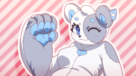 anthro black_nose blue_eyes blue_pawpads female heart_(marking) looking_at_viewer markings one_eye_closed pattern_background pawpads plushie seam_(sewing) simple_background smile solo striped_background plushifications blueberry_(eerieviolet) animate_inanimate bear living_plushie mammal 16:9 hi_res widescreen
