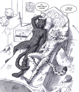 after_sex anthro areola arrow_(weapon) bed bedroom bodily_fluids breasts chest_tuft claw_marks claws clothing crotch_tuft dagger dialogue discarded_clothing duo eyes_closed female flaccid foreskin fur furniture genitals inside leopard_spots lying lying_on_bed male male/female melee_weapon nipples nude nude_anthro nude_female nude_male on_back on_bed penis picture_frame pillow ranged_weapon speech_bubble spots stripes sweat tail teeth text tuft vulva weapon 0laffson river_(xanderh) avian bird chicken felid galliform hybrid jaguar mammal pantherine phasianid tiger 2026 english_text greyscale hi_res monochrome signature traditional_media_(artwork)