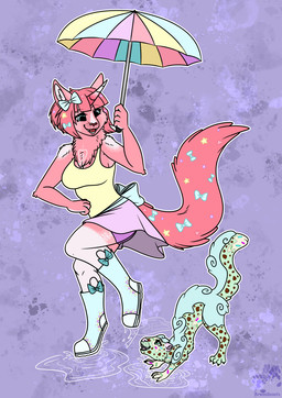 1_horn anthro bottomwear bow_ribbon clothing duo female feral frosting heart_symbol horn mint_chocolate_chip puddle rain_boots rainbow shirt shorts skirt splash sprinkles star tank_top topwear umbrella arwenscoots conditional_dnp mythology domestic_cat domestic_ferret equid equine felid feline felis hybrid mammal mustelid musteline mythological_creature mythological_equine true_musteline unicorn weasel hi_res