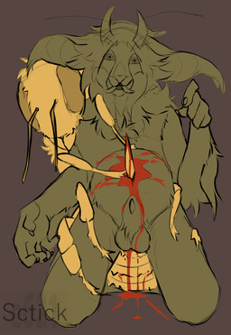 animal_genitalia anthro balls blood bodily_fluids duo feral forced from_behind_position genitals gore gore_focus horn impalement male male/male sex sheath shocked stinger sctick goretober arthropod bee felid hymenopteran insect mammal clip_studio_paint_(artwork) digital_media_(artwork) sketch