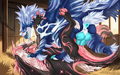 black_body blue_body blue_fur claws duo feathers female feral fur genitals horn knot male male/female open_mouth penis sex teeth tongue white_body white_fur wings mordorinka mythology dragon furred_dragon furred_scalie mythological_creature mythological_scalie scalie hi_res