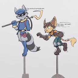 anthro balancing belt boots clothing dialogue duo eyebrows footwear fur gloves grey_body grey_fur handwear hat headgear headwear male shoes standing stripes tail tail_tuft thought_bubble tuft yellow_body yellow_fur time_fluffy500 ratchet_and_clank sly_cooper_(series) sony_corporation sony_interactive_entertainment sucker_punch_productions ratchet_(ratchet_and_clank) sly_cooper lombax mammal procyonid raccoon 2026 hi_res