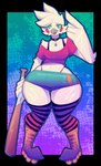 anthro baseball_bat bat_(object) breasts clothing collar feathers female green_eyes huge_hips huge_thighs legwear looking_at_viewer non-mammal_breasts roller_skates solo thick_thighs thigh_highs vaporwave white_body white_feathers wide_hips aimbot-jones brooke_(simplifypm) avian 2024 absurd_res digital_media_(artwork) hi_res