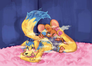 anthro blush brown_body brown_fur butt butt_focus femboy fur heterochromia leg_wrap male male/male musk musky_butt orange_body orange_fur paws tongue tongue_out yellow_body yellow_fur pipsy_mouse emby_the_dog pipsy_mouse_(character) canid canine canis domestic_dog mammal mouse murid murine rat rodent hi_res