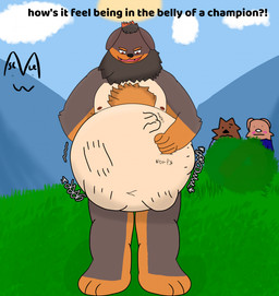 ambiguous_gender ambiguous_prey anthro group hand_on_belly hiding male male_pred plant shrub text vore skelcat11 xxl_woofia tayangsuyi canid canine canis domestic_dog mammal 2026 english_text hi_res