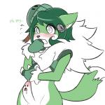 anthro blush clothing dickface erection femboy fluffy fur genitals gloves green_body green_fur grey_eyes handwear male penis simple_background solo white_background white_body white_fur dragontheshadows melyss domestic_cat felid feline felis mammal 1:1 reaction_image