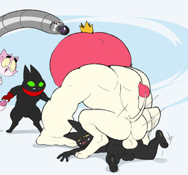 anal anthro back_muscles balls being_watched black_body black_fur camera crown erection fur genitals green_eyes group hair headgear king looking_at_another male male/male mane mane_hair muscular muscular_male penis recording royalty sex voyeur yellow_eyes conditional_dnp erobos cartoon_network mao_mao:_heroes_of_pure_heart badgerclops fan_character king_snugglemagne_xxv roz_(erobos) sheriff_mao_mao_mao domestic_cat felid feline felis mammal absurd_res hi_res