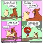 1:1 ac_stuart ambiguous_gender avian awoo_(ac_stuart) base_two_layout bird bold_text branch brown_body brown_feathers brown_tail_feathers cardinal_(bird) clothing comic confession describing_self dialogue embrace english_text eye_contact eyebrows eyes_closed feathers female feral four_frame_grid four_frame_image green_background grid_layout group heart_symbol hearts_around_body hearts_around_head hug i_love_you leotard looking_at_another love_declaration male name_drop name_in_dialogue noob_the_loser northern_cardinal on_branch open_mouth open_smile oscine passerine pink_background red_body red_feathers red_tail_feathers regular_grid_layout romantic_confession simple_background smile sparkles speech_bubble standing talking_to_another text text_emphasis trio two_row_layout url