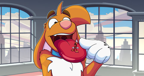 3_toes 4_fingers anthro big_tongue cartoon_gloves collar duo extreme_size_difference feet fingers long_tongue macro male male/male micro open_mouth paws red_tongue size_difference toes tongue toony uvula vore_implied wide_tongue doggydog doggydog_(character) roderick_(tamerkoh) toon_doggydog_(doggydog) canid canine canis domestic_dog lagomorph leporid mammal rabbit 256:135 4k absurd_res hi_res