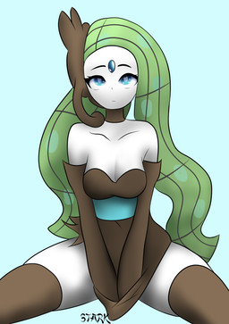 black_clothing blue_eyes clothing dress female green_hair hair legwear solo thigh_highs nintendo pokemon tahla_zhwane generation_5_pokemon humanoid legendary_pokemon meloetta meloetta_(aria_form) pokemon_(species) absurd_res hi_res