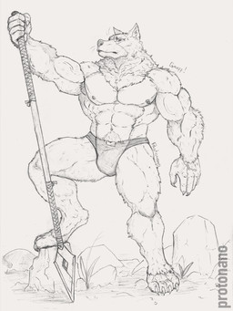 abs anthro bulge claws clothing looking_at_viewer male melee_weapon muscular muscular_anthro muscular_male nipples pecs polearm solo spear toe_claws underwear weapon protonano bear canid canine canis hybrid mammal wolf hi_res monochrome traditional_media_(artwork)