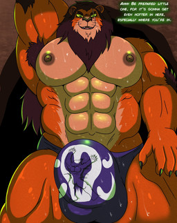abs anthro anthrofied areola armpit_hair balls_outline big_bulge big_muscles black_claws bodily_fluids body_hair bulge claws clothed clothing detailed_bulge dialogue duo extreme_size_difference fur genital_outline inside_clothing inside_underwear male mane multicolored_body multicolored_fur muscular muscular_anthro muscular_male nipples pecs purple_clothing purple_underwear size_difference sweat talking_to_another text thong thong_only topless two_tone_body two_tone_fur underwear underwear_only friendly25 disney the_lion_king scar_(the_lion_king) felid lion mammal pantherine 2026 english_text hi_res