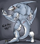 anthro biped claws creepy dorsal_fin fangs fin furgonomics furry-specific_piercing gills grin looking_at_viewer male muscular muscular_anthro muscular_male nude piercing scar smile solo standing tail tail_piercing teeth ninety-9 tankasaurus fish great_white_shark mackerel_shark marine shark white_shark