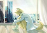 anthro black_nose blonde_hair breasts city cityscape curtains day female fur hair inside looking_at_viewer side_view smile solo window yellow_body yellow_fur treyer treyer_(character) canid canine canis domestic_dog mammal 2020 hi_res