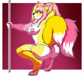 anthro breasts butt clothed clothing crouching female fishnet_clothing g-string nipples pole skimpy smile solo stripper_pole underwear lavenderpandy saika canid canine mammal digital_media_(artwork)
