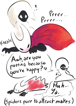 anthro biped black_body black_eyes blush cloak clothing dialogue duo exclamation_point eyes_closed female female/female kneading lying mouthless on_front onomatopoeia red_cloak red_clothing simple_background sound_effects speech_bubble talking_to_another text white_background white_body white_eyes fernshawart hollow_knight:_silksong hollow_knight_(franchise) team_cherry hornet_(hollow_knight) lace_(hollow_knight:_silksong) arthropod humanoid 2025 comic english_description english_text