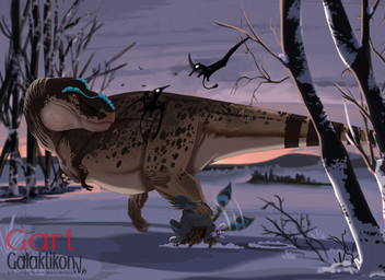 3_fingers 3_toes 4_toes anthro blue_body blue_feathers blue_scales brown_body brown_scales claws duo feathers feet feral finger_claws fingers grey_body grey_feathers happy hug hugging_leg larger_feral larger_male larger_nude male male_anthro male_feral nude nude_anthro nude_male orange_sclera outside pawpads purple_pawpads scales size_difference smaller_anthro smaller_male smaller_nude snow sunset tail tail_motion tailwag tan_body tan_scales toe_claws toes white_claws winter gart_galaktikon sebaensah terraqu avian dinosaur prehistoric_species reptile saurischian scalie theropod tyrannosaurid tyrannosauroid tyrannosaurus tyrannosaurus_rex hi_res