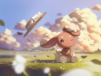 ambiguous_gender anthro brown_body brown_eyes brown_fur clothing cloud flower fur grass hat headgear headwear leaf one_eye_closed paws plant power_lines sky solo tail tree wind hoishere7 nintendo pokemon buneary generation_4_pokemon lagomorph mammal pokemon_(species) 2025 4:3 absurd_res hi_res signature