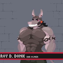 anthro anthro_pred anthro_prey arm_tattoo big_muscles bottomwear caption cigar cigar_in_mouth clothing facial_hair hair hat headgear headwear hiding_vore huge_muscles long_hair male male_pred muscular muscular_male news news_report object_in_mouth pants pectoral_vore red_eyes shirt smoking struggling tank_top tattoo topwear unwilling_prey vore willing_pred nephiclav roy_d._donk asinus donkey equid equine mammal 1:1 animated digital_media_(artwork) pixel_(artwork) pixel_animation short_playtime