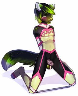anthro balls bdsm biped black_body black_fur black_hair blush bondage bound chastity_cage chastity_device clothed clothing crossdressing femboy fur genitals green_body green_fur green_hair hair kneeling legwear lock male metal_chastity_cage multicolored_body multicolored_fur multicolored_hair padlock restraints smile solid_chastity_cage solo spreader_bar stockings submissive submissive_male two_tone_hair wearing_chastity_cage wearing_chastity_device white_body white_fur arh neon_(the_furry_ninja) canid canine fox mammal 2016 hi_res