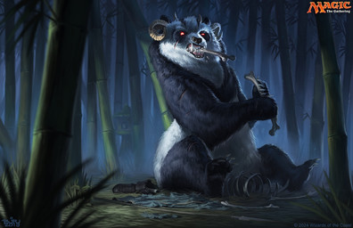 ambiguous_gender bamboo bamboo_forest black_body black_fur bone bone_in_mouth boots clothing feral footwear forest fur grass horn melee_weapon outside plant polearm red_eyes sharp_teeth shoes sitting solo spear teeth tree weapon white_body white_fur brian_valeza hasbro magic:_the_gathering wizards_of_the_coast bear giant_panda mammal 2019 digital_media_(artwork) hi_res official_art