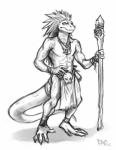 anthro bone bottomwear clothing feathers jewelry loincloth magic_user male necklace shaman simple_background skull solo staff tribal_spellcaster white_background pac visk_(unfluffable) lizardman reptile scalie greyscale hi_res monochrome sketch