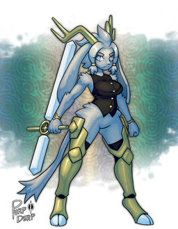 accessory anthro antlers arm_tuft armor big_breasts blue_eyes bottomless bottomless_anthro bottomless_female bracelet breasts clothed clothing cloven_hooves dream_breaker_(pseudoregalia) eyebrows featureless_crotch female fur grey_body grey_fur grey_hair hair hair_accessory hair_ring hip_tuft hooves horn jewelry leg_armor melee_weapon shoulder_tuft solo thick_thighs tuft weapon wide_hips purp_in_exile pseudoregalia sybil_(pseudoregalia) jackalope lagomorph leporid mammal rabbit 2026 hi_res