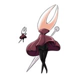 anthro black_body butt cloak cloak_only clothing female holding_object holding_weapon pink_cloak pink_clothing rear_view simple_background solo thick_thighs weapon white_background white_body wide_hips shy_ayu hollow_knight team_cherry hornet_(hollow_knight) arthropod insect 1:1