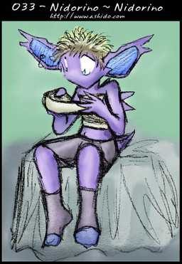 anthro bed blonde_hair brown_hair chest_binder chest_binding_tape clothed clothing crossdressing ear_piercing female furniture hair partially_clothed piercing pokemorph purple_body purple_scales scales sitting solo spikes spikes_(anatomy) underwear zarla nintendo pokemon generation_1_pokemon nidorino pokemon_(species)