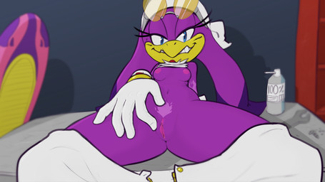 anthro blue_eyes breasts clothing female genitals gloves handwear navel nipples non-mammal_breasts non-mammal_navel non-mammal_nipples purple_body small_breasts solo spread_legs spreading tools undressing vulva white_clothing white_gloves white_handwear wrench spikeybluething sega sonic_riders sonic_the_hedgehog_(series) wave_the_swallow avian bird hirundinid oscine passerine swallow_(bird) 16:9 hi_res widescreen